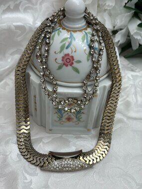 VINTAGE MIXED METAL RHINESTONE NECKLACE & RHINSTONE BRACELET